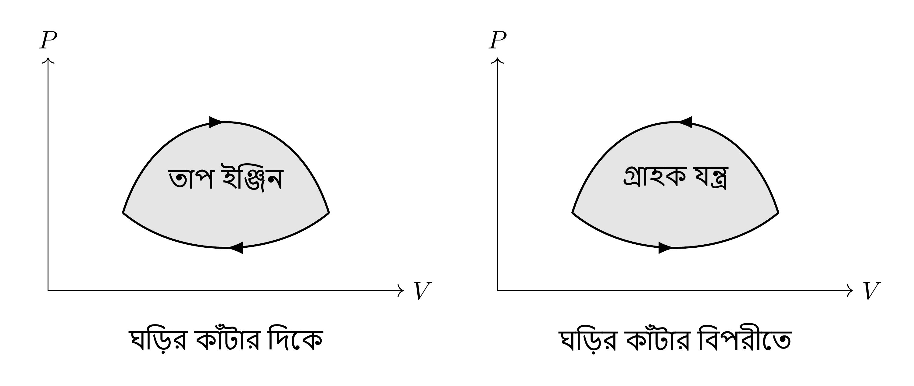 ঘড়ির কাঁটার দিকে অতিক্রান্ত চক্র সামগ্রিকভাবে বাইরে কাজ সরবরাহ করে: এটি একটি শক্তি-উৎপাদক চক্র। বিপরীত দিকে অতিক্রম করলে এটি কাজ গ্রহণ করে: এটি একটি শীতলীকরণ চক্র। উভয় ক্ষেত্রেই কাজের পরম মান চক্রের আবদ্ধ ক্ষেত্রফলের সমান।
