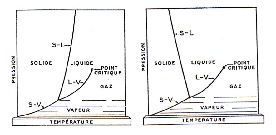 A gauche, un diagramme de phase "normal" avec une pente positive pour la ligne séparant le solide du liquide, à droite un fluide "anormal", comme l'eau, avec une pente négative (très raide, quasi verticale).