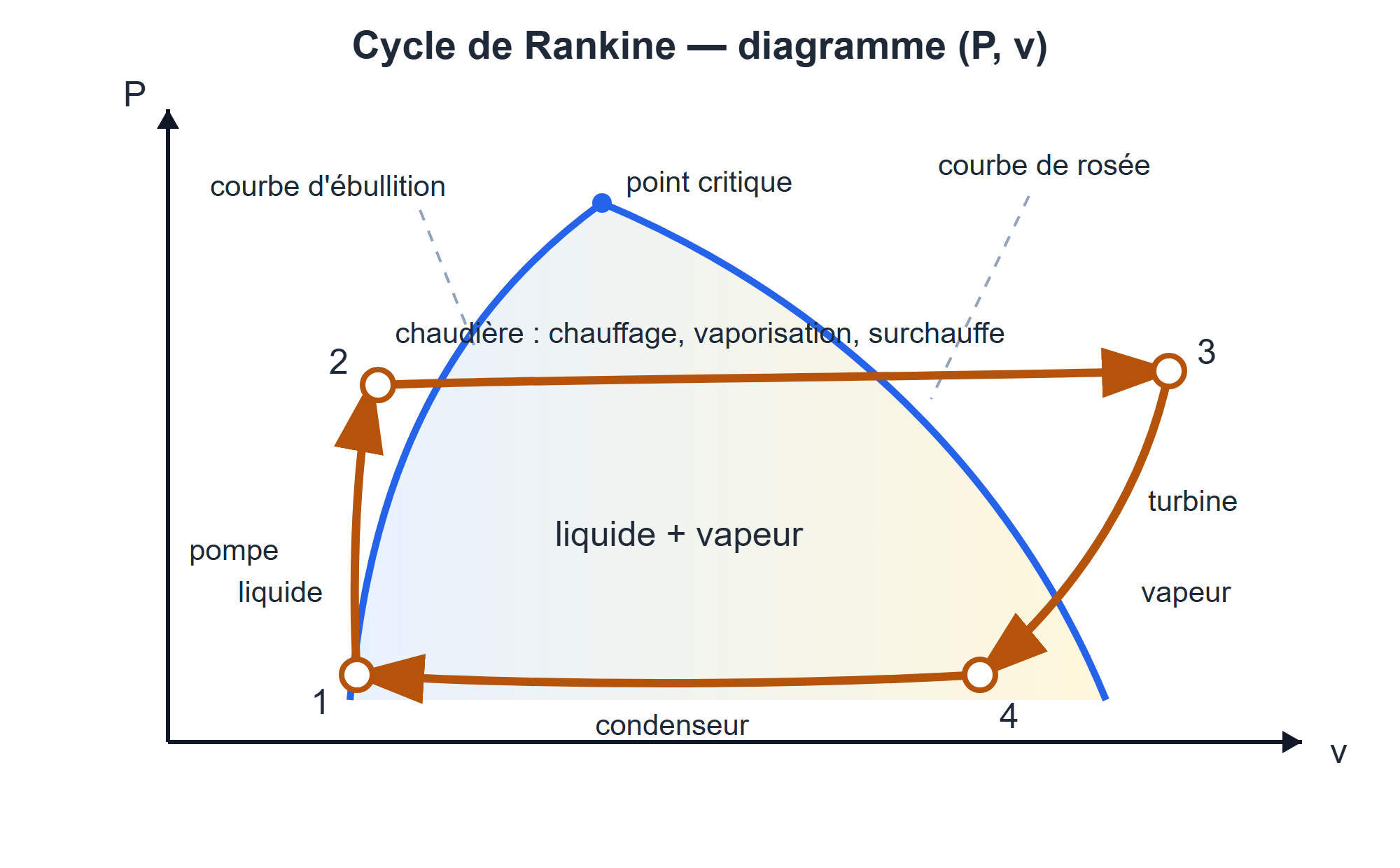 Cycle de Rankine idéal dans le diagramme (P,v). La représentation est qualitative : l'échelle du volume est très comprimée du côté liquide pour rendre visibles la pompe et la courbe d'ébullition.