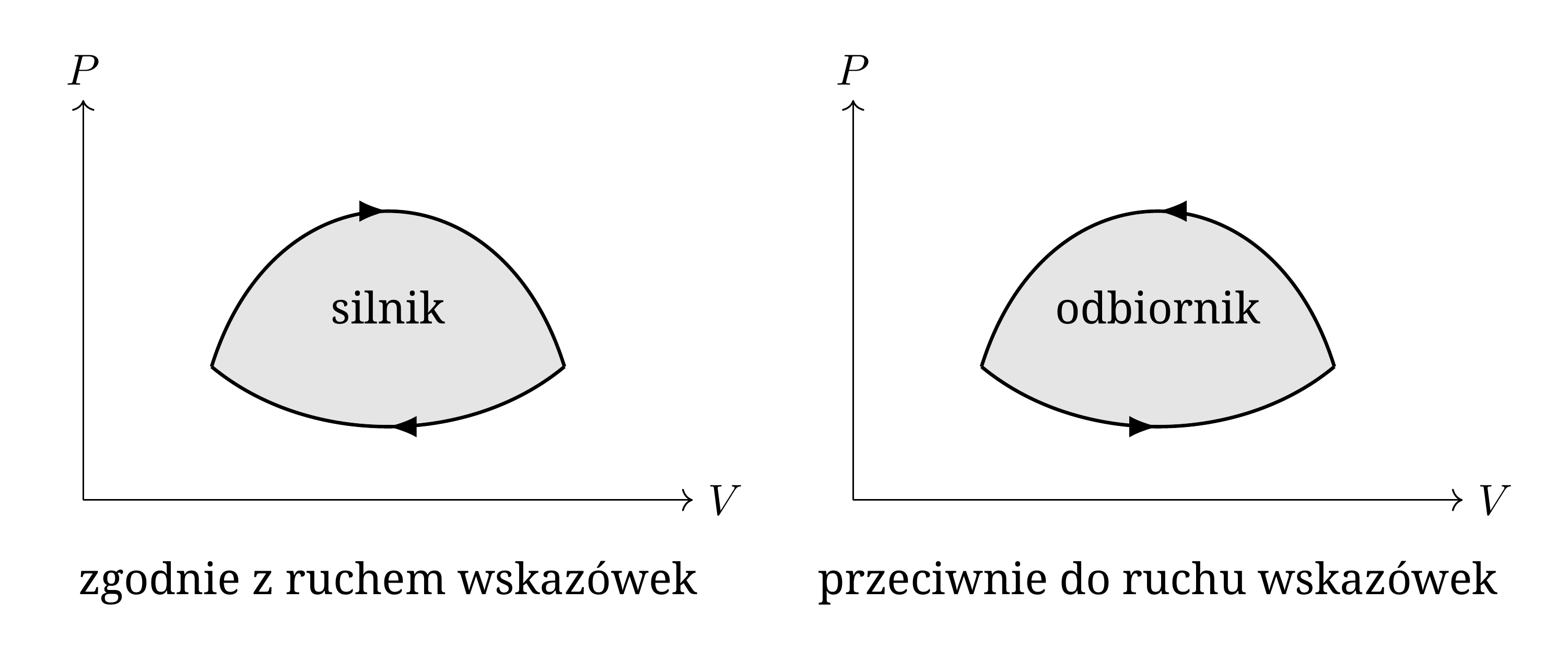 Obieg przebiegany zgodnie z ruchem wskazówek zegara w ujęciu całkowitym wykonuje pracę na zewnątrz: jest to obieg silnikowy. Przebiegany w przeciwnym kierunku pobiera pracę: jest to obieg chłodniczy. W obu przypadkach wartość bezwzględna pracy jest równa polu zamkniętemu przez obieg.