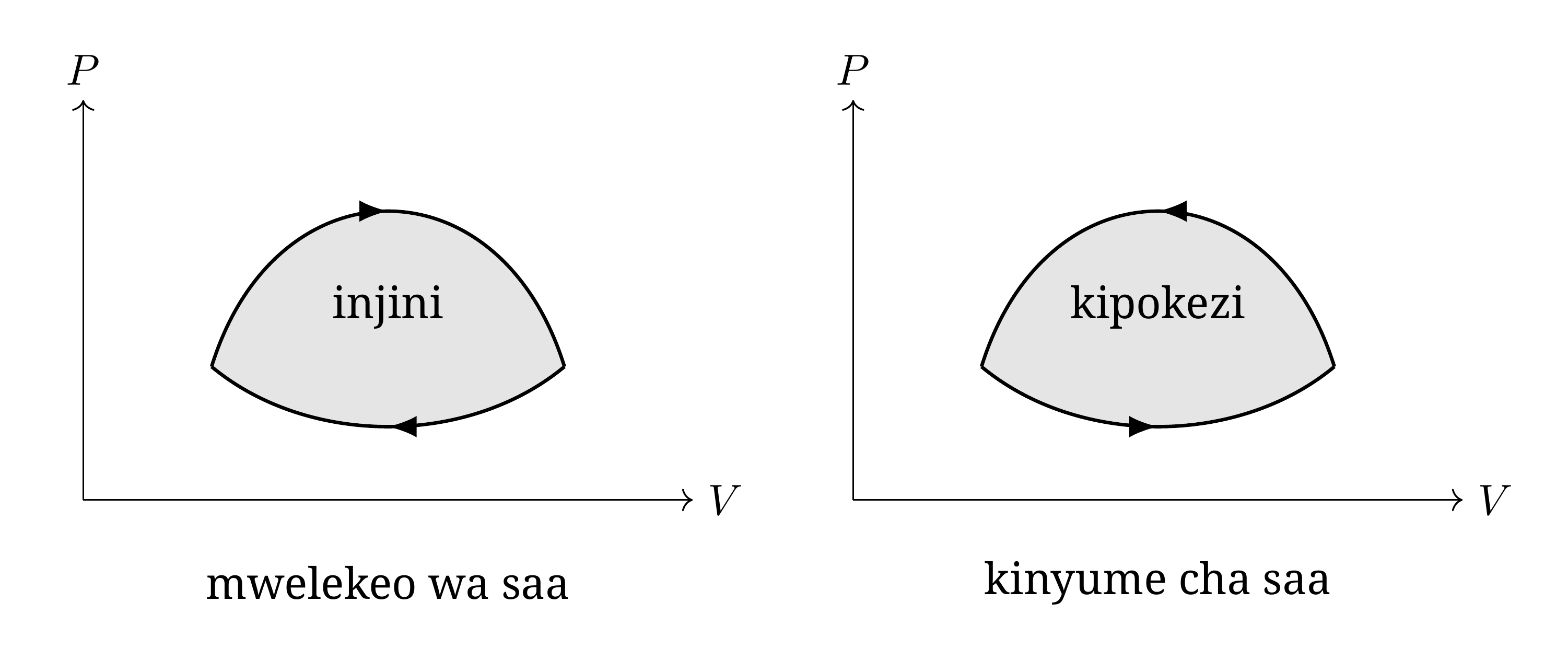 Mzunguko unaofuatwa katika mwelekeo wa saa hutoa kazi kwa jumla kwa mazingira ya nje: ni mzunguko wa injini. Ukifuatwa katika mwelekeo mwingine, hupokea kazi: ni mzunguko wa majokofu. Katika hali zote mbili, thamani kamili ya kazi ni eneo linalofungwa na mzunguko.