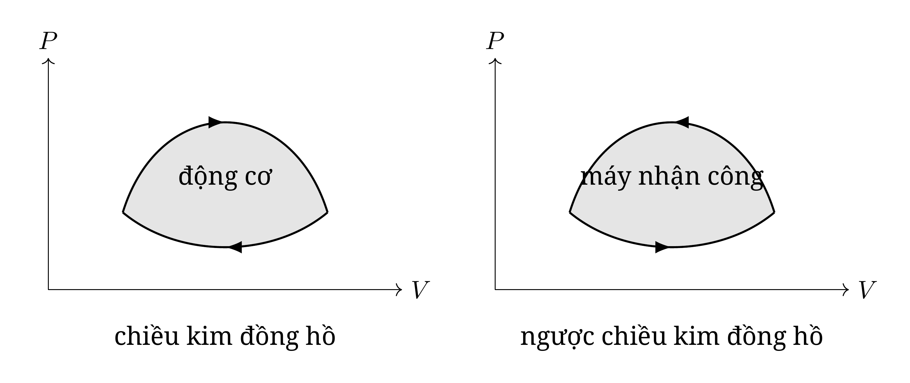 Một chu trình đi theo chiều kim đồng hồ xét tổng thể sinh công ra bên ngoài: đó là một chu trình sinh công. Khi đi theo chiều ngược lại, chu trình nhận công: đó là một chu trình làm lạnh. Trong cả hai trường hợp, giá trị tuyệt đối của công bằng diện tích được chu trình bao kín.